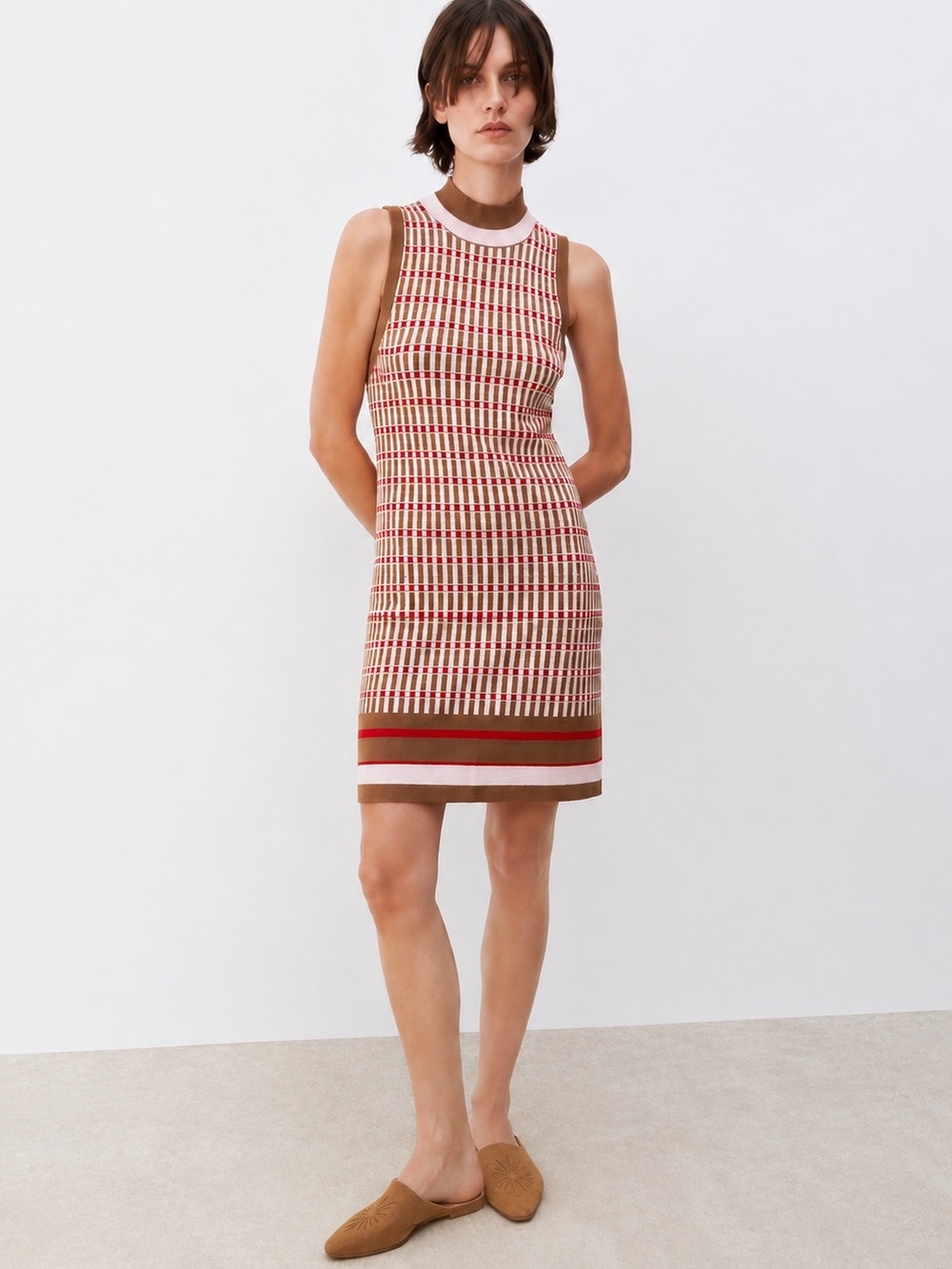 Anthropologie Maeve Mod Shift Dress Pink Combo Retro Geometric Knit Mini M